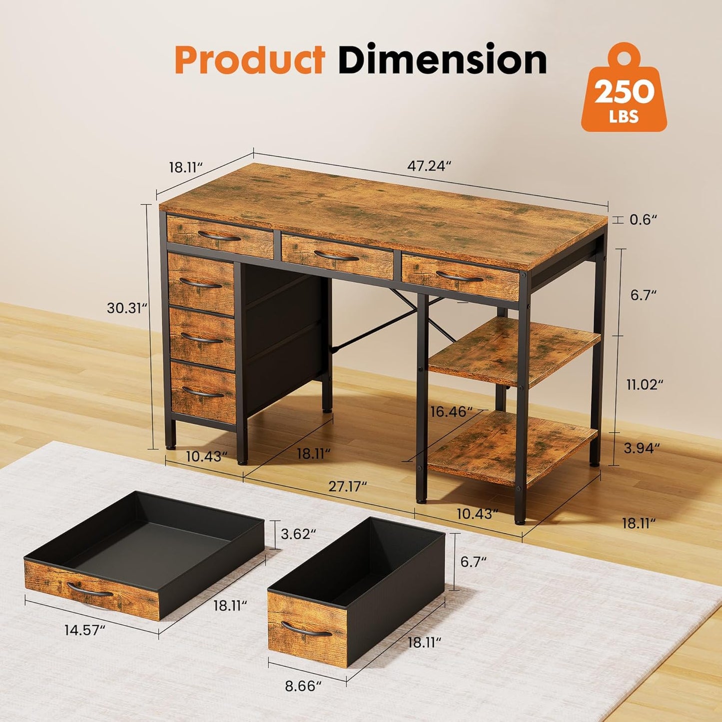 Sweetcrispy 47" Computer Desk - Rustic Brown Home Office Gaming Desk with 6 Drawers & Storage Shelves