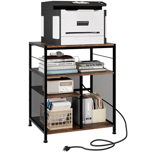 TQVAI Large Printer Stand, 4-Tier Adjustable Height Home Office Printer Table with Power Outlet Charging Station, Wood Stand Desk for Heat Press Scanner Fax, Black/Antique
