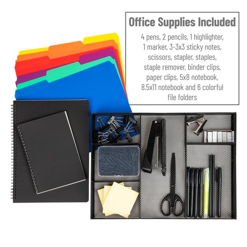 Mind Reader Back to School All in One Bundle for College and Office Monitor Stand with 25 Pc. Supplies included, Storage, Metal, 15.75"L x 11.75"W x 4.5"H, Black