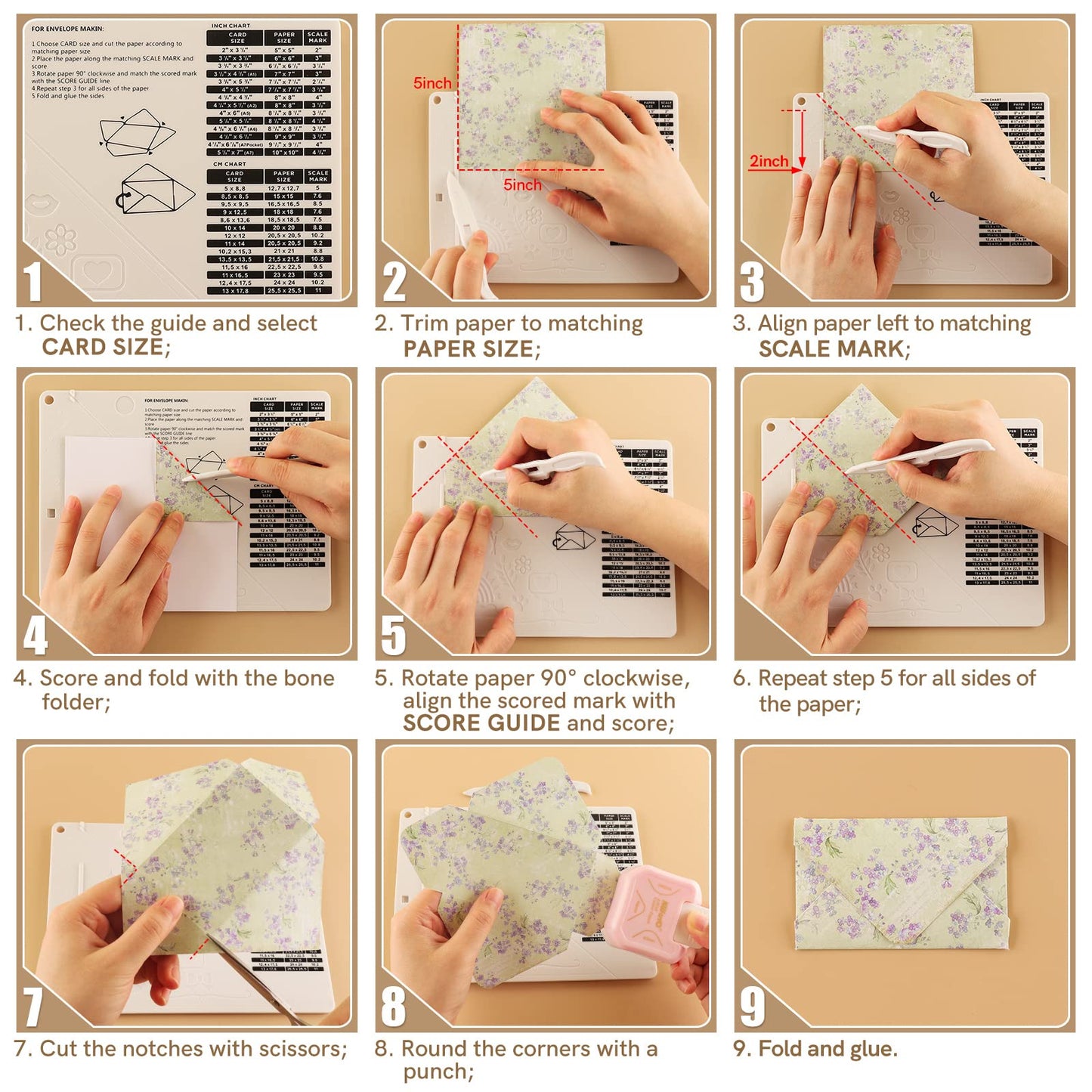6.4"x 8.5" Mini Score Board Multi-Purpose Scoring Board Envelope Maker with Bone Folder and Guide for Card Making and Paper Crafts Arts Projects Multi-Purpose Scoring Board & Score and Fold Tools