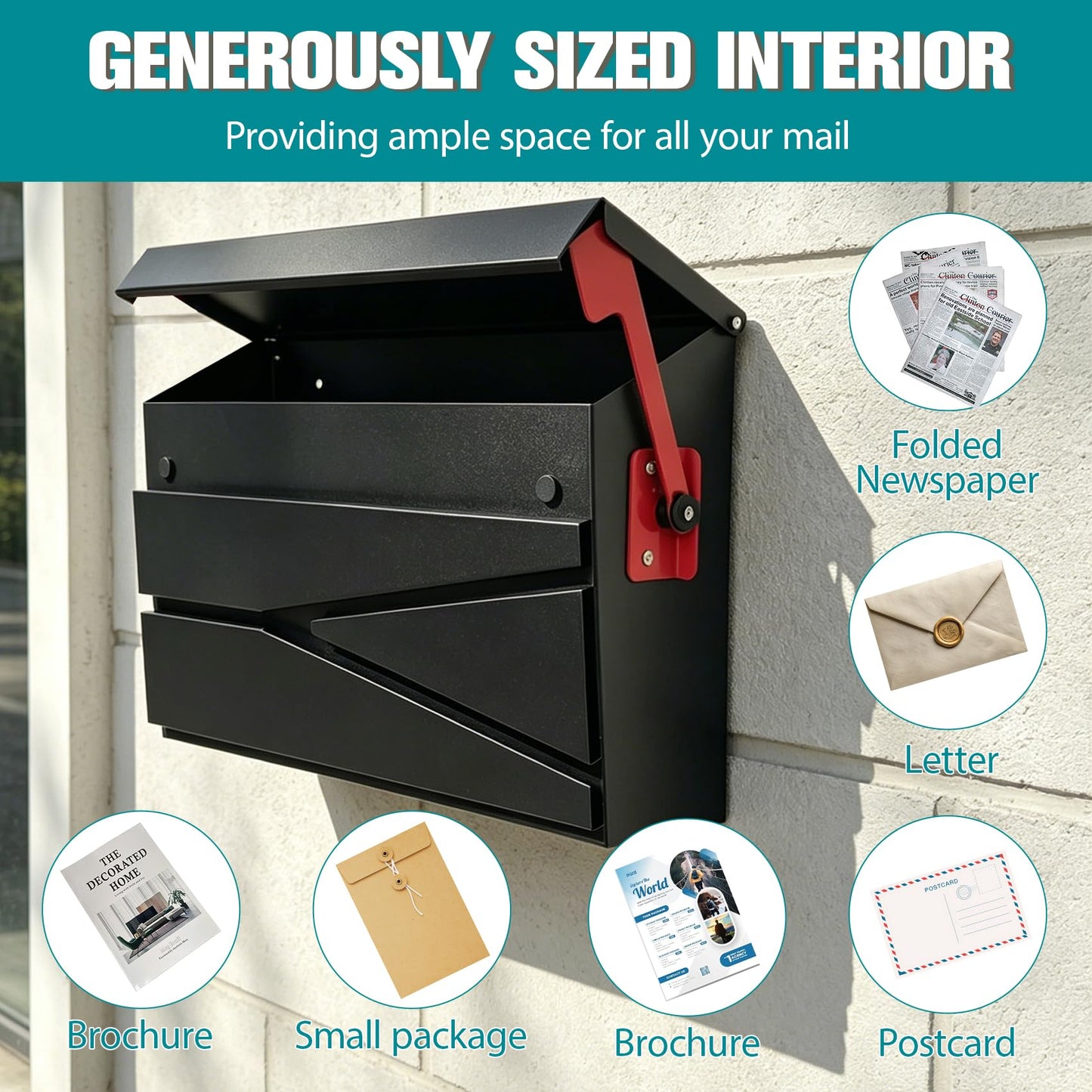 15.74" x 9.84" x 4.33" Wall Mount Mailbox, Large Capacity Mail Box for Outside, Modern Collection Box Postbox, No Keys Locking, with Flag Kit