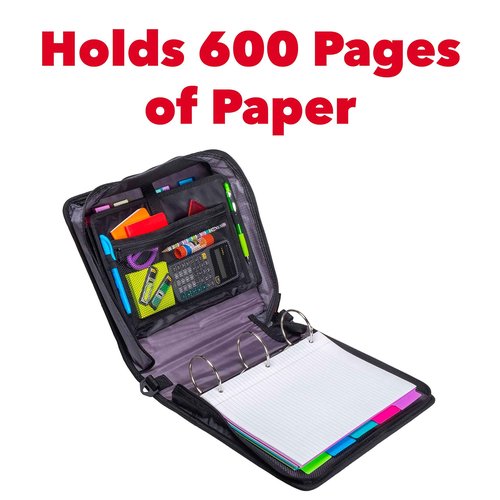 Case-it The Mighty Zip Tab Zipper Binder - 3 Inch O-Rings - 5 Color Tab Expanding File Folder - Multiple Pockets - 600 Sheet Capacity - Comes with Shoulder Strap - Black D-156-B