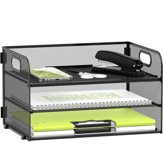 DALTACK 3 Tier Paper Organizer with Handle, Mesh Metal Desk Organizer with Sliding Paper Trays for Letter/A4 Paper, Mail, Bills & Folders, Black