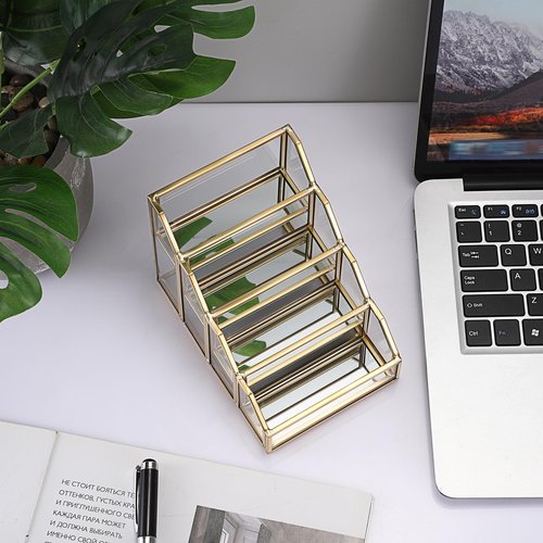 Hipiwe 4 Slots Glass Business Card Holder for Desktop, Gold Mirrored Business Card Display Stand, Multiple Clear Business Name Card Organizer Holder for Office Exhibition