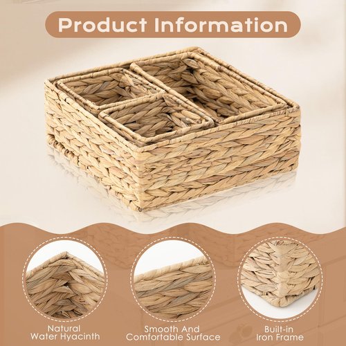 Funnymoom Set of 4-woven Wicker Storage Baskets Storage Bins Natural Water Hyacinth Cube Basket Container Baskets Storage Boxes Organizers Divider for Drawer, Closet, Dresser