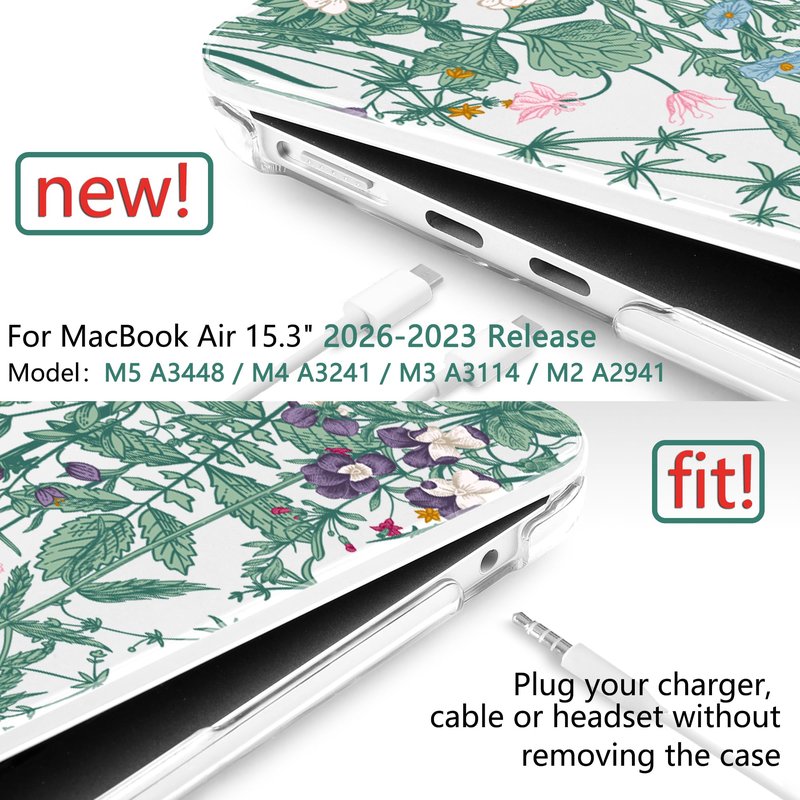 TWOLSKOO for MacBook Air 15 inch Case 2026 2025 2024 2023 Release M5 A3448 M4 A3241 M3 A3114 M2 A2941, Plastic Hard Shell & Screen Protector & Keyboard Cover & Trackpad Film, Botanical Illustration