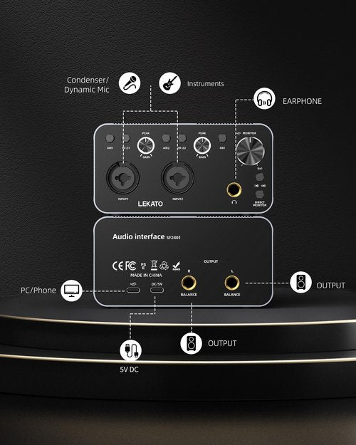 LEKATO 2i2 USB Audio Interface, 24-bit/192kHz Audio Interface with XLR, 48V Phantom Power for Smartphone Computer Recording, Streaming, Guitar, Music Production, Podcast