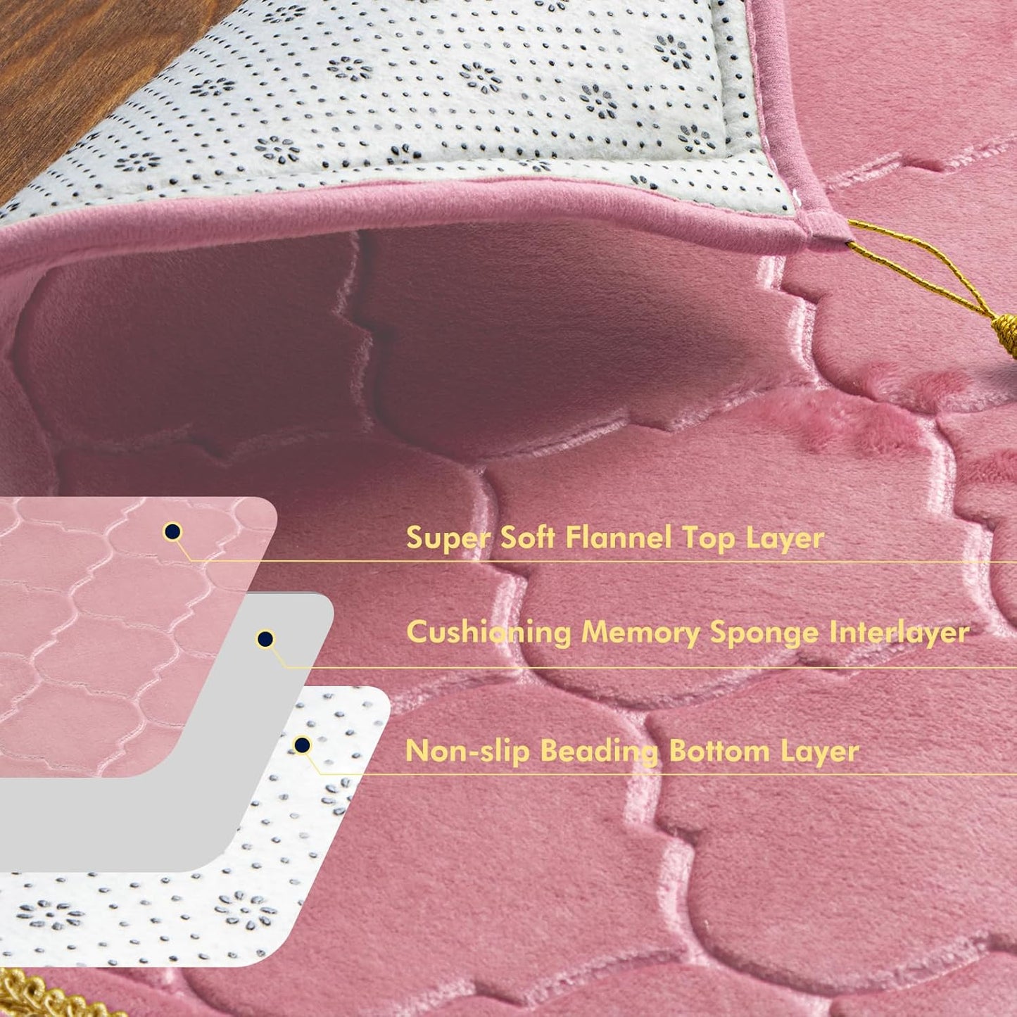 Skiennix Muslim Prayer Rug - Soft Memory Foam Mat with Tasbih Beads | Padded Islamic Janamaz (25.6" x 43.3", Pink)