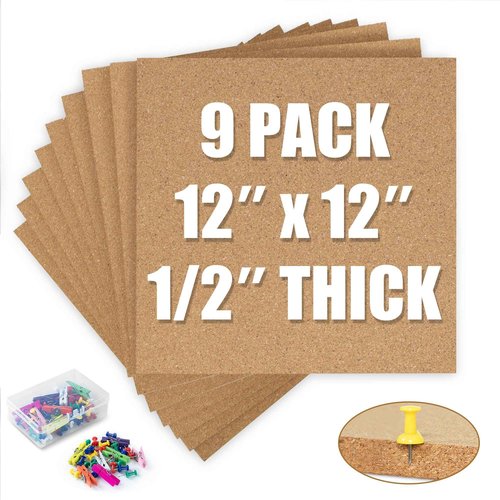 AKTOP Cork Board Bulletin Board 12x12, 1/2" Thick Cork Board Tiles 9 Pack, Small Square Pin Board for Wall, Self Adhesive Corkboards with 120 Push Pin Wood Clips for School, Home & Office