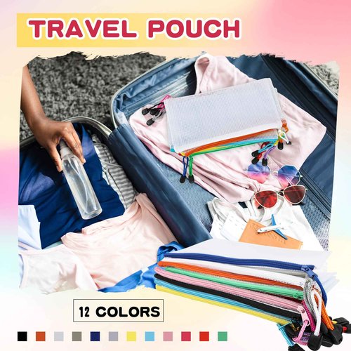 120 Pcs Mesh Zipper Bags Zipper Pencil Bags Bulk Transparent Pencil Storage Bag Multifunctional Travel Bag Cosmetic Toiletry Bag for Office Documents School Stationery Travel, 12 Colors