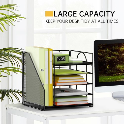 VETUZA 5 Tier Desk Organizer with Vertical File Holder, Desktop File Organizer for Office Home School, Black