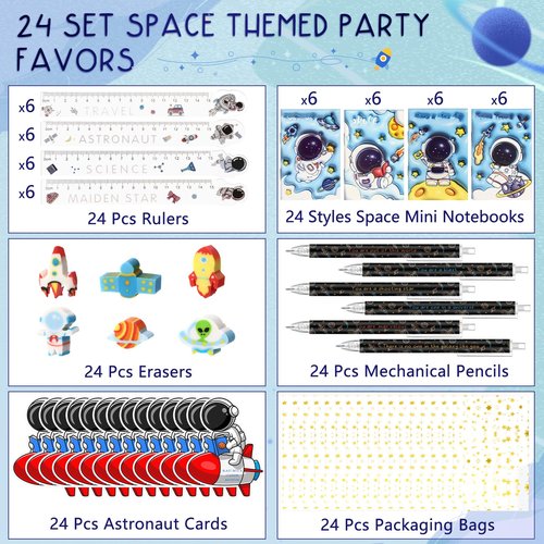 Sinload 24 Sets The First Day of School Gifts Space Theme Stationery Bulk Space Party Favors Mini Notebooks Mechanical Pencil Ruler Eraser Astronaut Cards for School Classroom Birthday Party Supplies