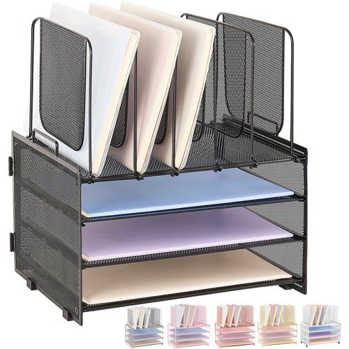 LEKETREE Desk Organizers and Accessories, 3-Tier Paper Organizer with 5 Vertical File Holders, File Folder Organizer (Black, 3T)