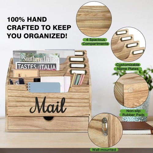 ANRXNCY Desk Mail Holder with 4 Compartments and Drawer, Wood Mail Holder Sorter Holder,Countertop Desk Office Accessories for File Letter Paper Folder, Drawer Organizer