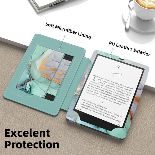 Famavala Slim Foldable Stand Case for 7" inch 2024 with Auto Wake/Sleep, Hand Strap; not fit for Kobo Libra (Green Marble)
