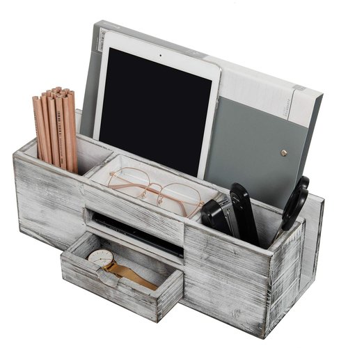Liry Products Whitewashed Wooden Desktop Organizer Multiple Compartments Rack Shelf Drawer Tabletop Wood Storage Cabinet Office Supplies Caddy Document Stationery Holder Accessory Sorter Vanity Home