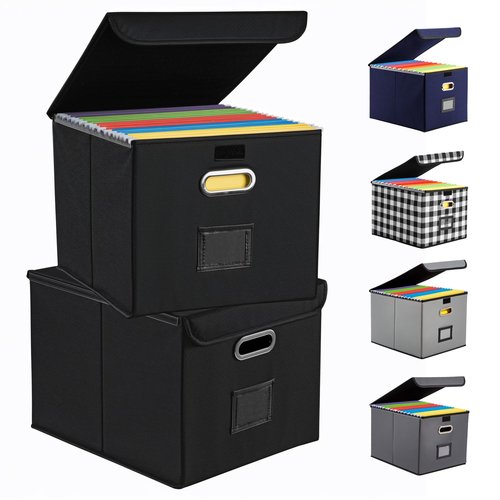 Hleelomi File Organizer Box, Linen Filing Organizer with Lid, Large Desktop File Boxes, Black,2 Pack