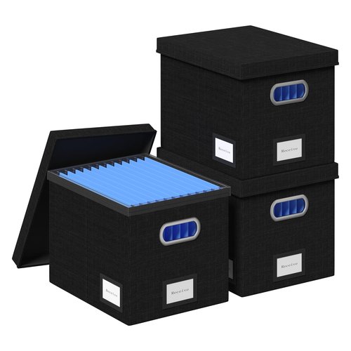 GRSQYS File Organizer Box File Boxes for Hanging Files with Lid Set of 3 Decorative Hanging Folders Letter Size Organizer with One-Piece Plastic Frame Slides (13.2 * 10.1 * 10.1in(3Pack), Black)