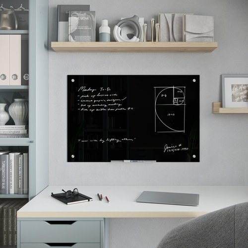 U Brands Glass Dry Erase Board, 35"x23", Black Surface with Silver Grommets, Frameless, Includes Marker with Built-in Eraser