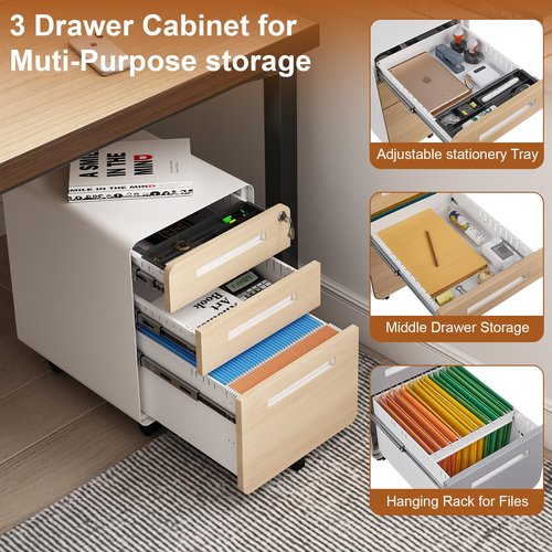 BouPower 3 Drawer File Cabinet for Home Office, Under Desk Mobile Filing Cabinet with Lock for A4/Letter/Legal Size, 5 Wheel Anti-Tilt Rolling File Cabinets, Fully Assembled (Except Casters)
