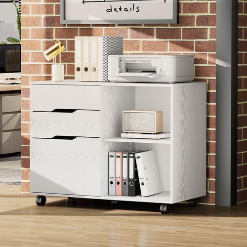 Sweetcrispy 3-Drawer File Cabinet, Lateral Mobile Filing Under Desk Storage Organizer with Wheels, Wood Printer Stand & Open Shelves for Home Office Organization - Natural White