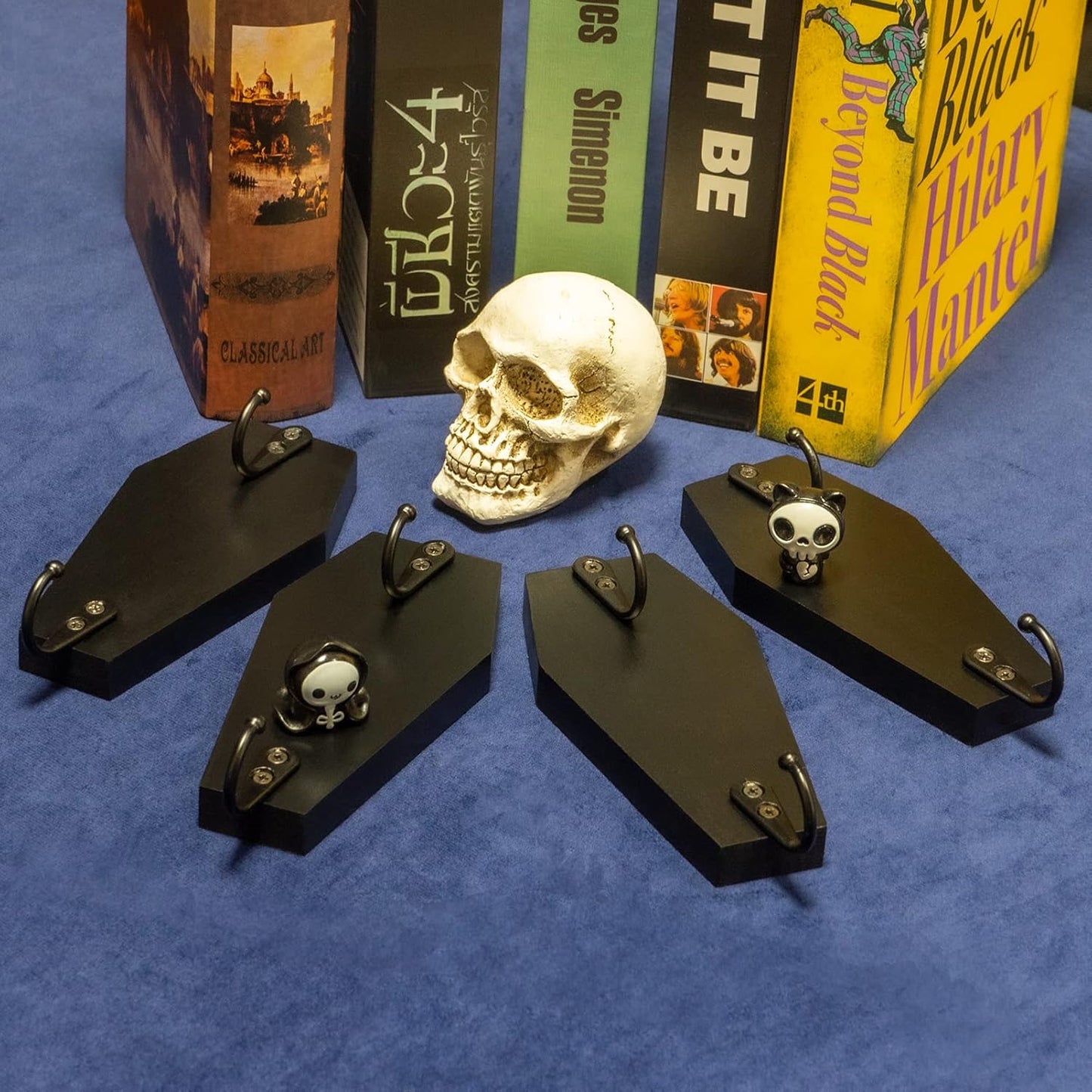 Skiennix Coffin Wall Hook Set - Spooky Gothic Home Decor - Rustic Black Wooden Key Hangers | 4 Pieces