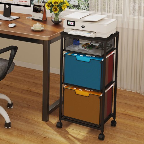 Sbanmao 3 Drawer Mobile File Cabinet for Home Office, Rolling Filing Cabinet on Lockable Wheels, Hanging File Folders Organizer, Utility Cart Storage and Organizer, Printer Stand, Black