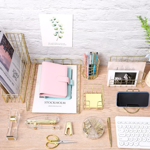 Yaomiao 13 Pcs Desk Accessories Kit Organizer Office Supplies Women Back to School Gift Acrylic Stapler Staple Remover Tape Holder Pen Cup Magazine File Letter Clip Phone Holder Scissor(Gold)