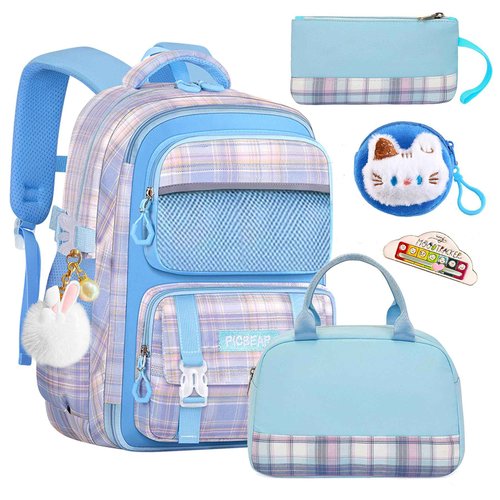 Psecoll 6Pcs Kawaii Backpack Set, Blue Backpack Plaid Laptop Bag Water-Resistant Lightweight Daypack, Large Capacity Double Shoulder Backpack with Chest Strap (Blue)