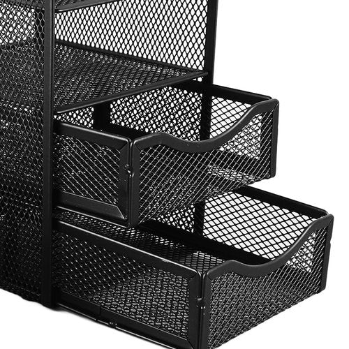 HEEPDD 3 Tier Mesh Office Desktop Organizer with 3 Drawer, Mini Desk Supplies Office Supplies Organizer Metal Stationary Black Desk Caddy