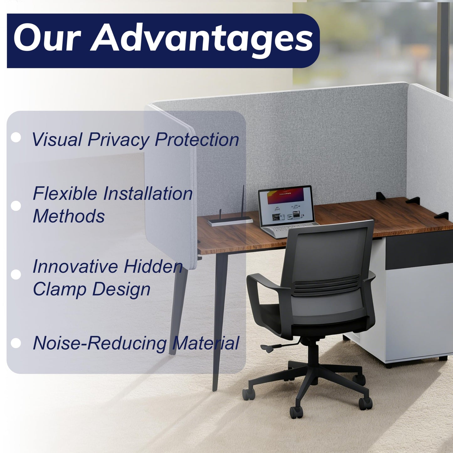 KERRAM Desk Privacy Panel 24 x 24 Inch, Sound Absorbing & Proof Desk Divider for Office, Clamp-on/Screw-on Acoustic Desk Back Panel Partition, Gray
