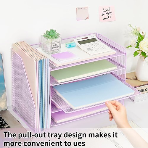 OPNICE Desk Organizer - 5-Tier Paper Tray with Magazine Holder | Purple Office Supplies Storage