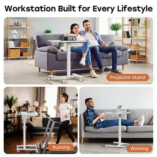 JYLH JOYSEEKER Mobile Small Standing Desk with Drawer, 23.6"x19.7" Rolling Laptop Cart on Wheels, Height Adjustable Sit Stand Computer Workstation with Storage for Compact Space, White