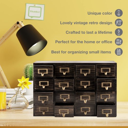 Dark Ash 16-Drawer Card Catalog Artisan Drawer Chest - 20"x3.6"x14" - Desktop Apothecary Crafted in Solid Wood, Curating Timeless Order - A 4-Tiered Storage with Label Holders & Handles for Your Table