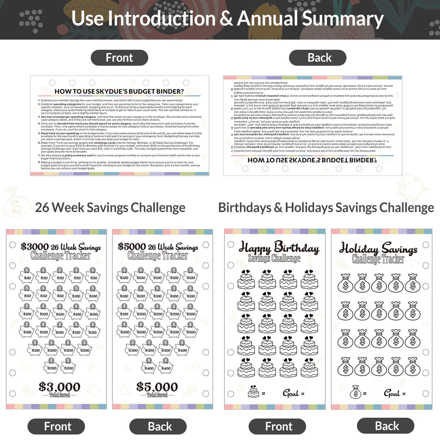 SKYDUE Budget Binder with 8Pcs Cash Envelopes, 12Pcs Expense Budget Sheets, 2Pcs Challenge Trackers, and Category Labels - Budget Binder & Challenges Book Combo for Saving Money