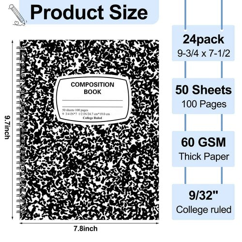 Jetec 24 Pack Spiral Composition Notebooks Bulk College Ruled Black Marble Hard Cover Composition Notebook 9-3/4 x 7-1/2 Inches College Office Supplies 100 Pages