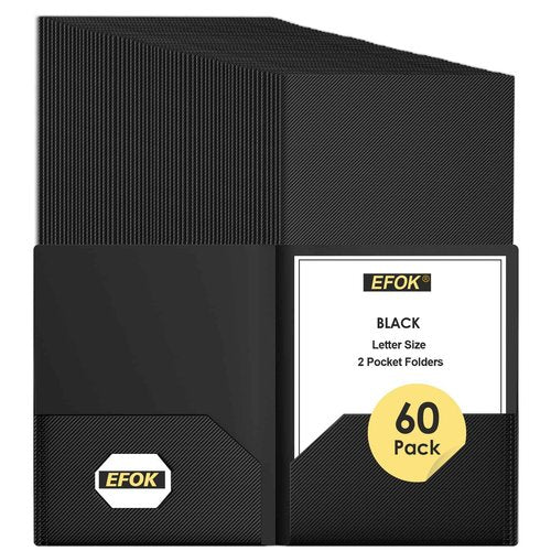 60 Pack Heavy Duty Black Plastic Folders with 2 Pockets Bulk, Textured File Folders with Business Card Slot, Letter Size Filing Supplies for Back to School & Office Organization