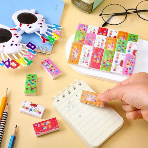 Dunzoom 100 Pcs Happy Birthday Erasers Bulk Mini Erasers for Classroom Fun Assortment Birthday Gifts for Back to School Teacher Reward Party Supplies, 8 Styles, 1.6 Inch