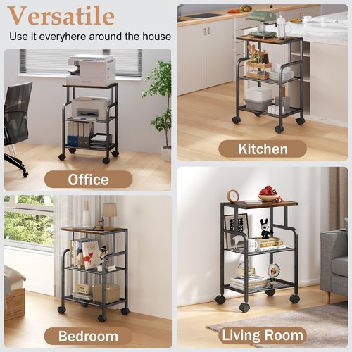 Alexayhome Printer Stand with Storage, Printer Cart with Wheels, Printer Table for Home Office, 3 Tier Cart with Adjustable Shelf, Supports Up to 80 Lbs for Home Office, Kitchen, Living Room