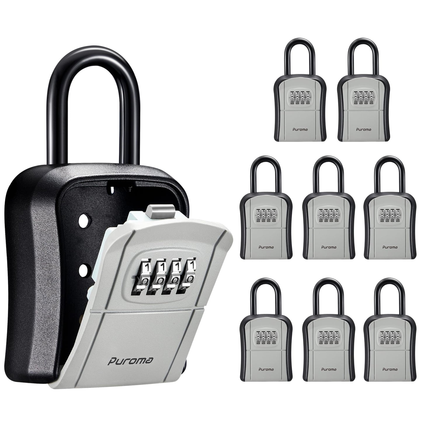 Puroma Key Lock Box, Portable Combination Lockbox Wall-Mounted Key Storage Box for House Keys, Resettable Code Safe Security Lock Box for Home, Office, Apartment Spare Key Storage (8 Pack, Gray)