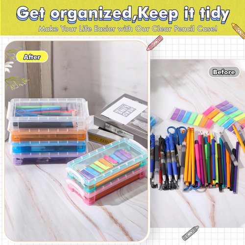 Zonon 12 Pack Plastic Pencil Box 8.3” × 3.9” × 1.6" Large Crayon Box Stackable Multicolor Pencil Case with Snap Closure Lids Bulk Multi Purpose Storage Organizer Art Office Craft Supplies