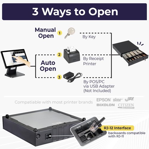 Volcora Cash Register Drawer for Point of Sale (POS) System, 5 Bill/7 Coin, 16" with Adjustable Coin Slots, 24V, RJ11/RJ12 Key-Lock, Media Slot, Black