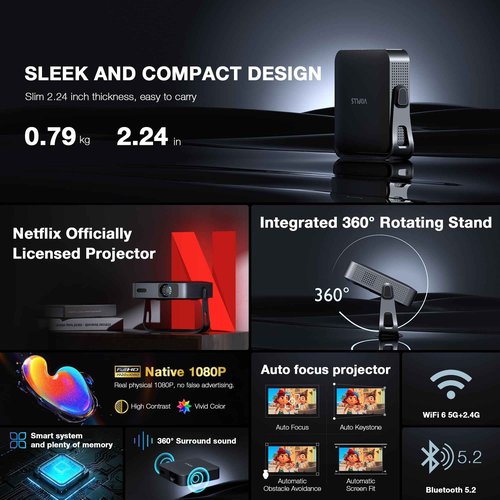 [NetfIix Officially & Ultra-Thin] Smart Mini Projector with WiFi 6 and Bluetooth, VOPLLS Auto Focus & Keystone 1080P Full HD Portable Projector for Bedroom/Outdoor/Phone/iOS/Android