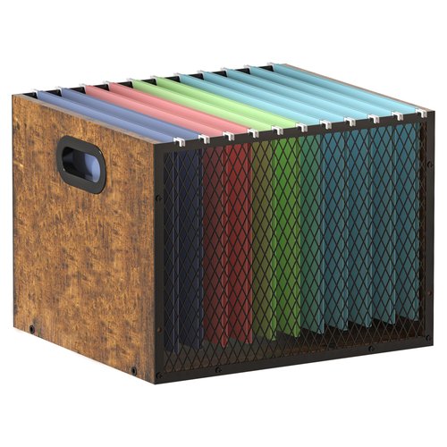Piskyet Wooden Hanging File Organizer for desk, Metal Mesh File Folder Organizer Crate Cabinet Storage Box with Handle for Home Office Desk,Letter - Size,Rustic Brown