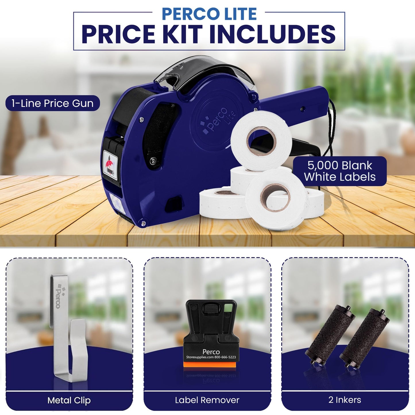 Perco Lite 1-Line Price Gun Kit for Retail – Includes 5 White Label Rolls, Gun Clip & Ink Rollers
