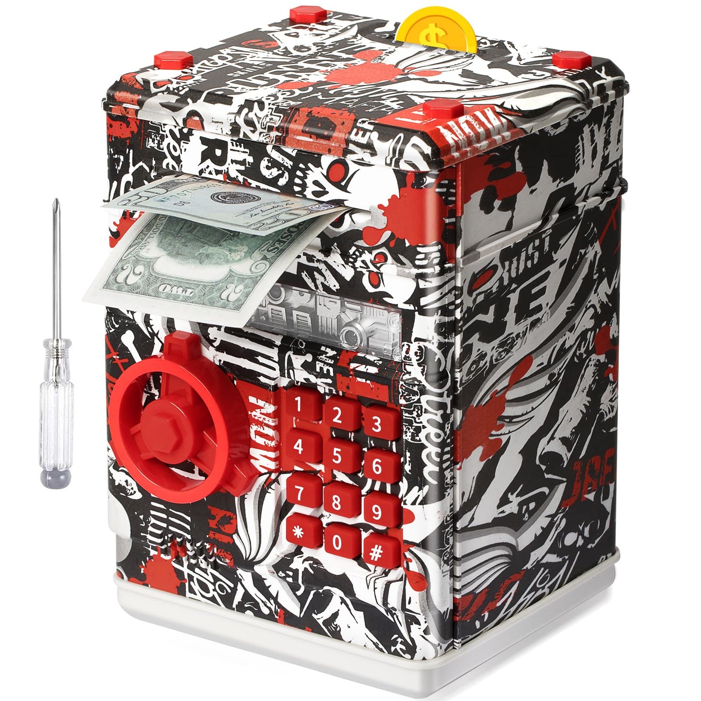 ATM Piggy Bank for Boys Girls, Vcertcpl Mini ATM Coin Bank Money Saving Box with Password, Kids Safe Money Jar for Adults with Auto Grab Bill Slot, Great Gift Toy Bank for Kids