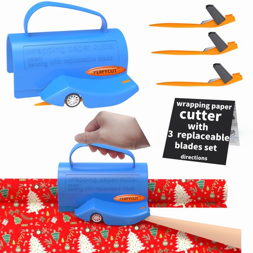 PERFYCUT Wrapping Paper Cutter with 3 Replaceable Blade Sets for Birthday Paper Gift Wrapping Paper Roll Cutter with Handle Christmas Wrapping Paper Cutter Tool Tube Holder Slidding Slicing.