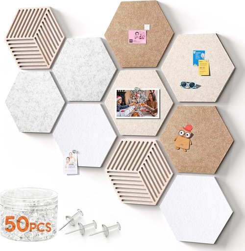 Hexagon Cork Boards - 10 Pack Bulletin Board Tiles with 50 Pins | Minimalist Wall Decor for Home & Office