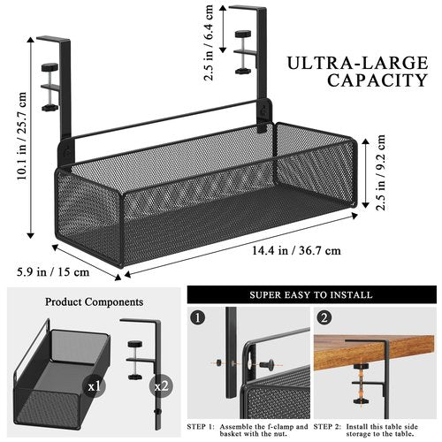 Turfson Office Under Desk Organizer Storage, Metal 3-IN-1 Clamp On Desk Side and Desktop File Document Magazine Organization Wall Hanging Bin Holder Office Supplies For Home School Essentials