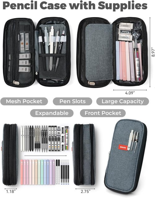 Four Candies School Supplies Set - 45 PCS with Pen Case, 12 Pastel Highlighters & 6 Gel Pens (Black)